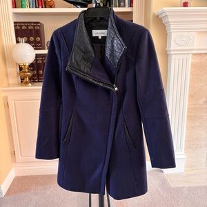 Calvin Klein Womens INDIGO BLUE Wool Coat Asymmetrical Zipper PXS